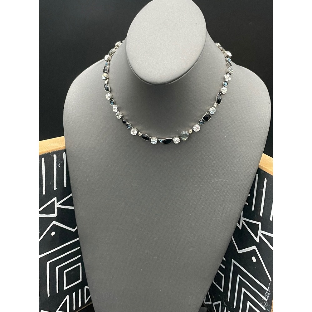 Sorrelli Mixed Cut Crystal Station‎ Necklace Black Blue Gray Rhinestone Signed